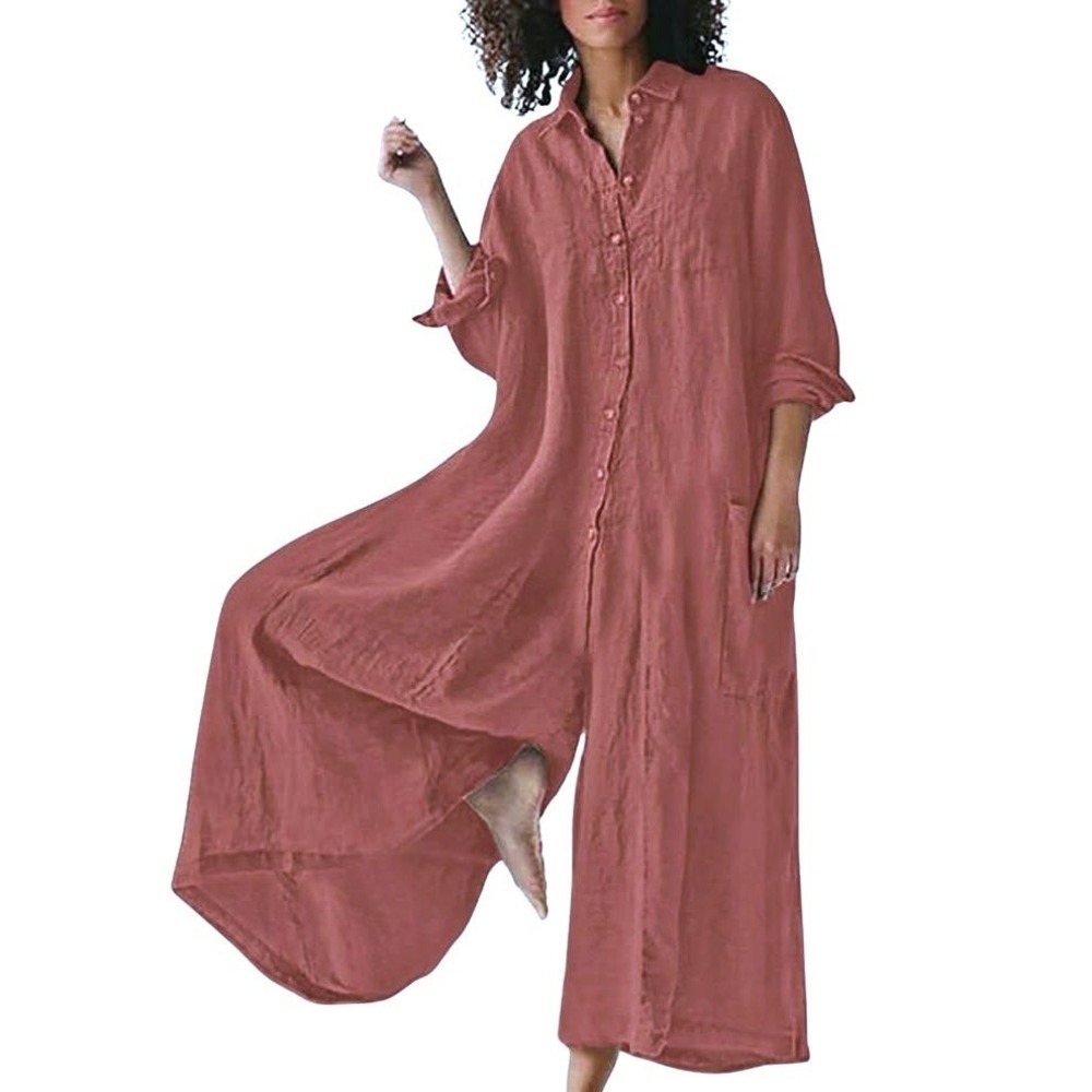 CHARTOU Linen Blend Wide Leg Button Front Jumpsuit Pink Red Palazzo Pant XS NWT